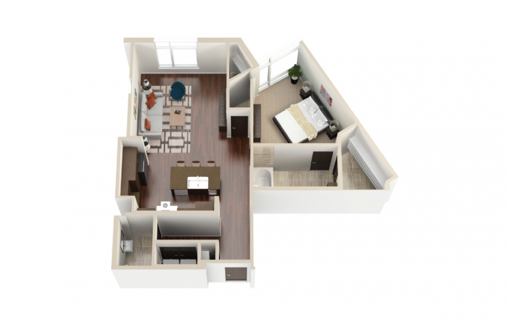 A11 - 1 bedroom floorplan layout with 1.5 bath and 995 square feet. (3D)