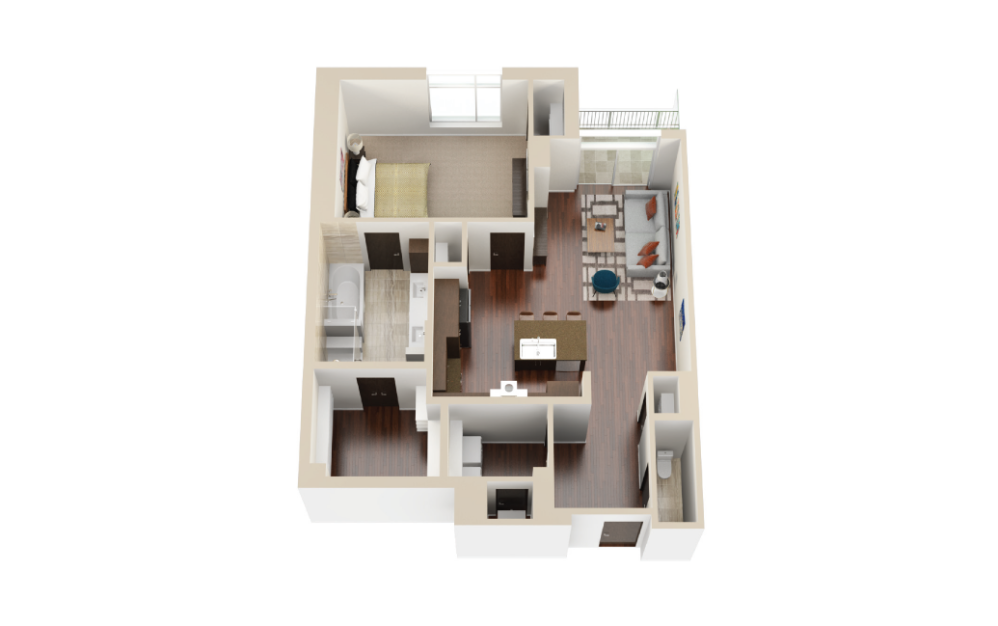 A12 - 1 bedroom floorplan layout with 1.5 bathroom and 1110 - 1162 square feet (3D)