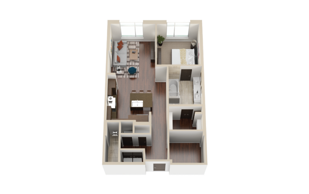 A14 - 1 bedroom floorplan layout with 1.5 bathroom and 1002 square feet (3D)