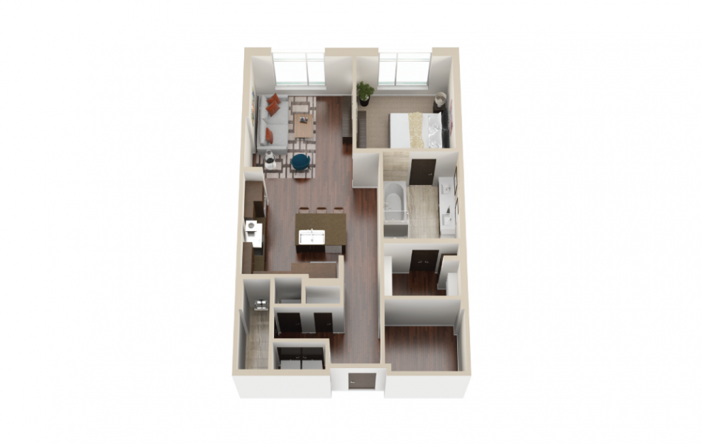 A14 - 1 bedroom floorplan layout with 1.5 bath and 1002 square feet. (3D)