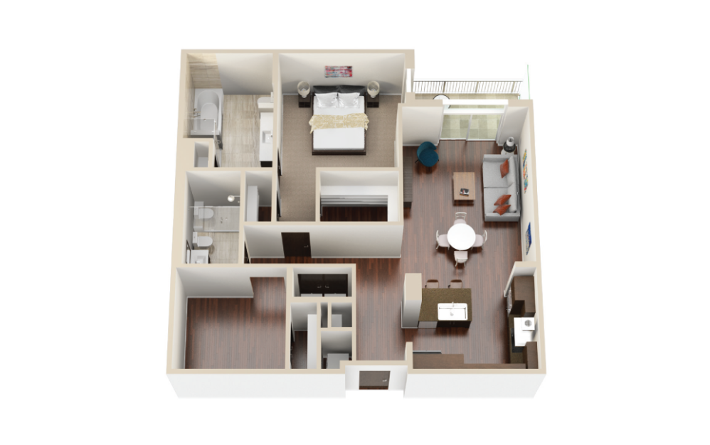 A17 - 1 bedroom floorplan layout with 2 bathrooms and 1189 square feet (3D)