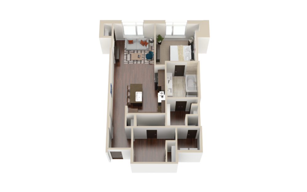 A18 - 1 bedroom floorplan layout with 1.5 bathroom and 1039 - 1075 square feet (3D)