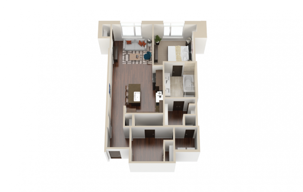 A18 - 1 bedroom floorplan layout with 1.5 bath and 1039 to 1075 square feet. (3D)