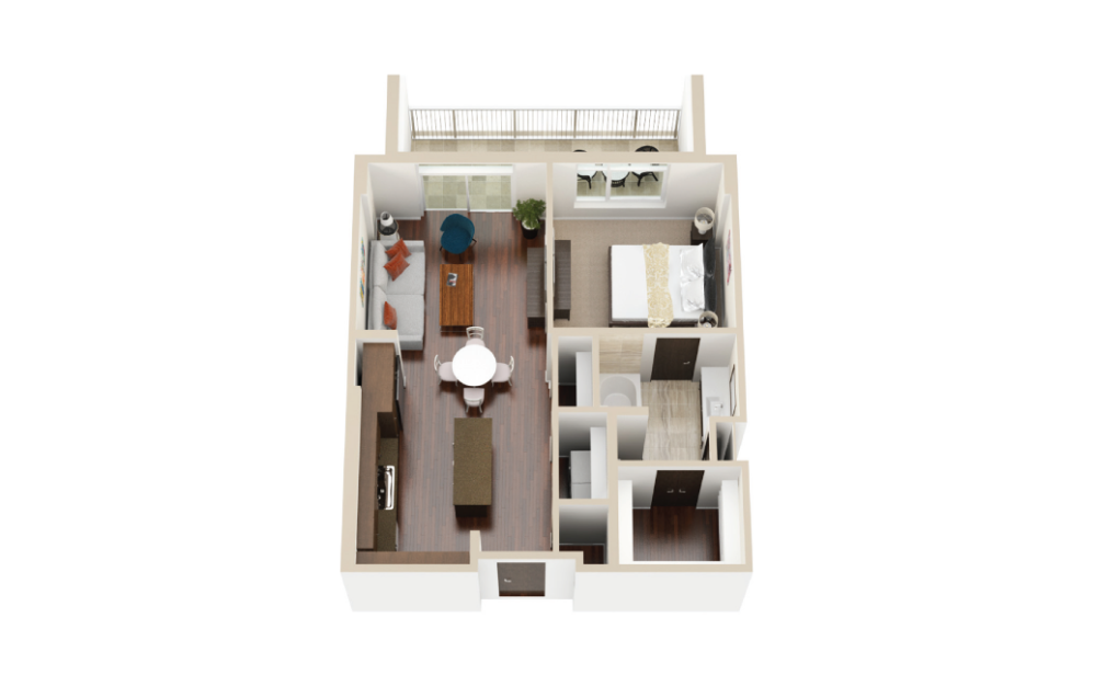 A1 - 1 bedroom floorplan layout with 1 bathroom and 728 square feet (3D)