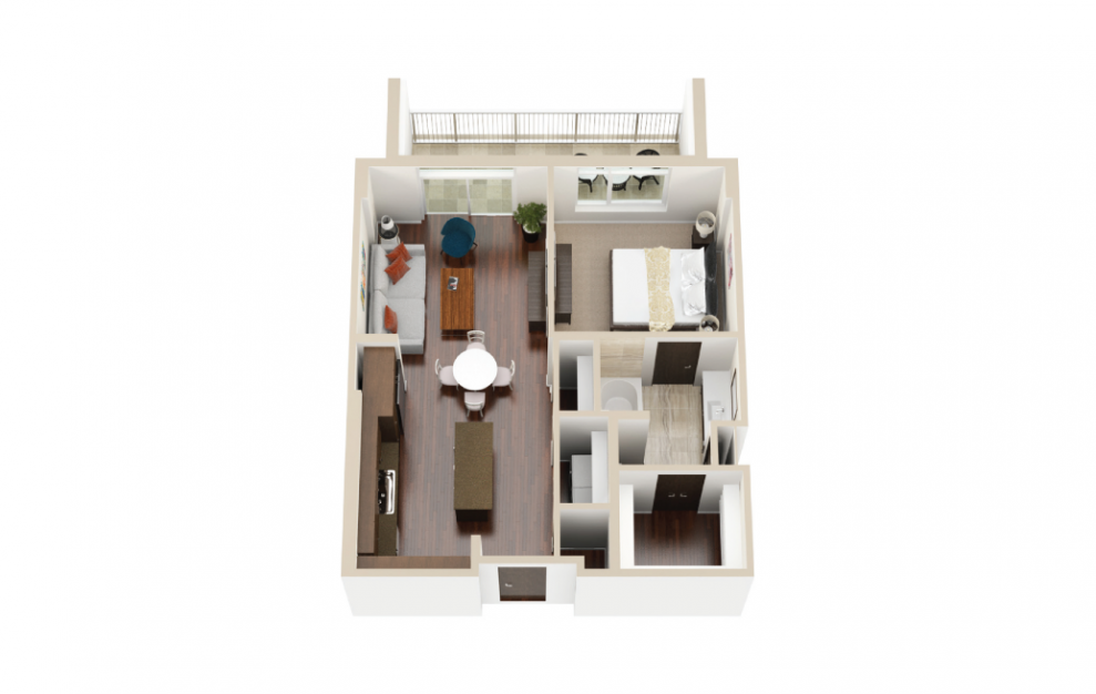 A1 - 1 bedroom floorplan layout with 1 bath and 728 square feet. (3D)