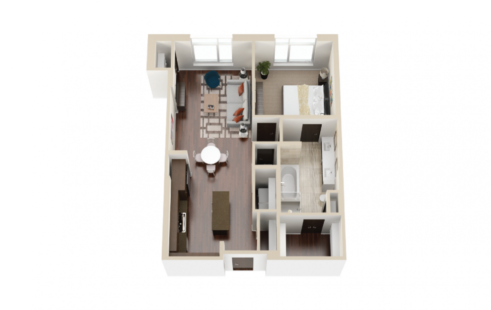 A6 - 1 bedroom floorplan layout with 1 bath and 858 to 912 square feet. (3D)