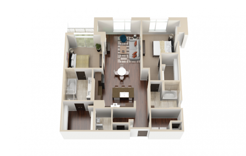 B12 - 2 bedroom floorplan layout with 2.5 baths and 1468 to 1505 square feet. (3D)