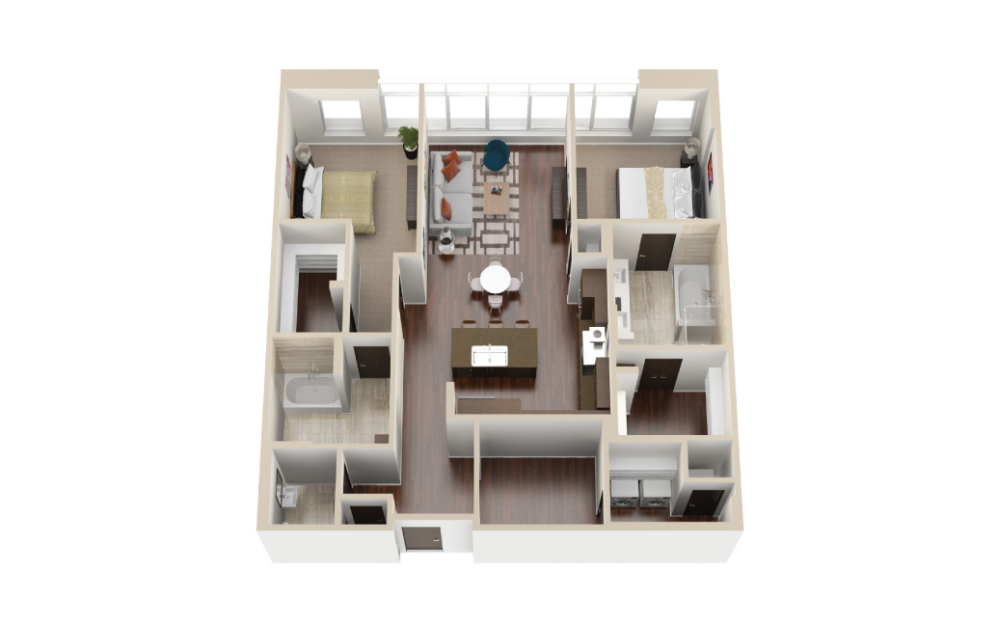 B13 - 2 bedroom floorplan layout with 2.5 bathrooms and 1450 square feet (3D)