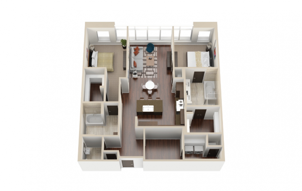B13 - 2 bedroom floorplan layout with 2.5 baths and 1450 square feet. (3D)