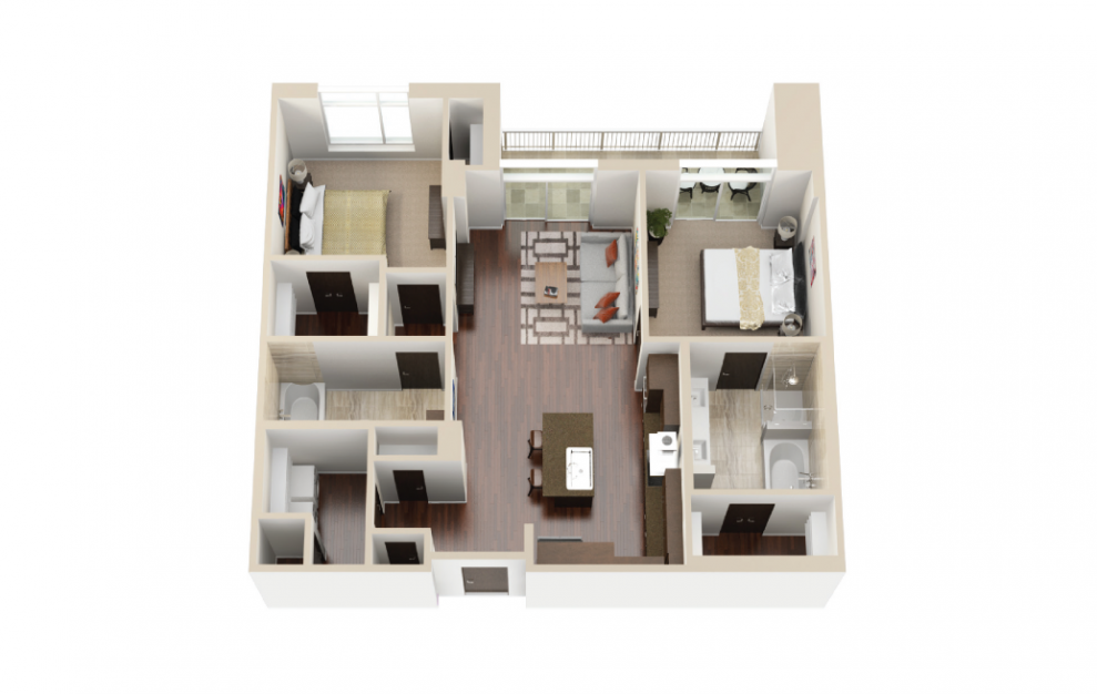 B1 - 2 bedroom floorplan layout with 2 baths and 1186 square feet. (3D)