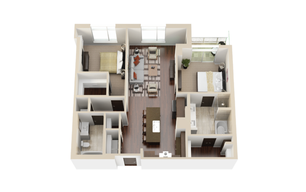 B3 - 2 bedroom floorplan layout with 2 bathrooms and 1279 square feet (3D)