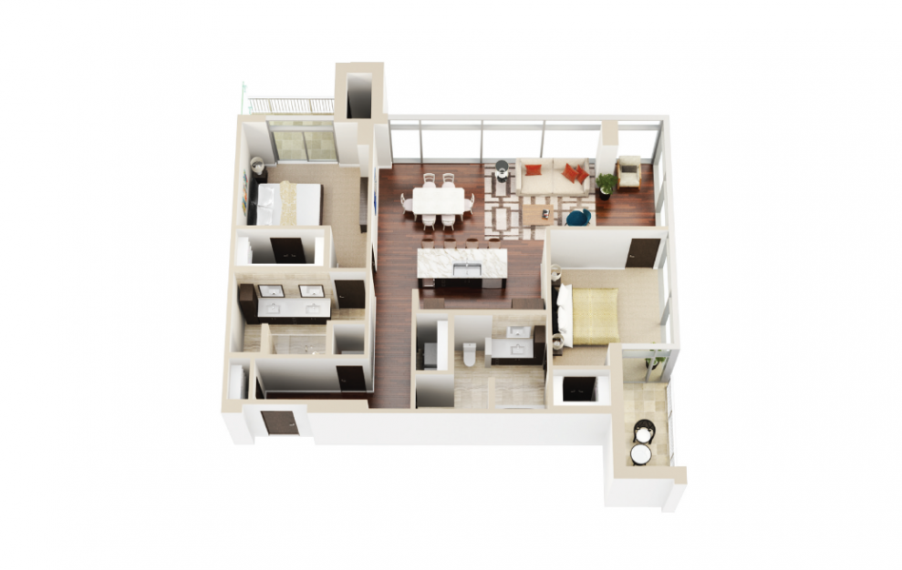B5 - 2 bedroom floorplan layout with 2 baths and 1309 to 1367 square feet. (3D)