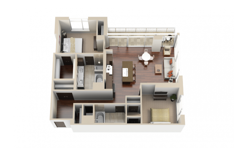 B7 - 2 bedroom floorplan layout with 2 baths and 1344 to 1487 square feet. (3D)