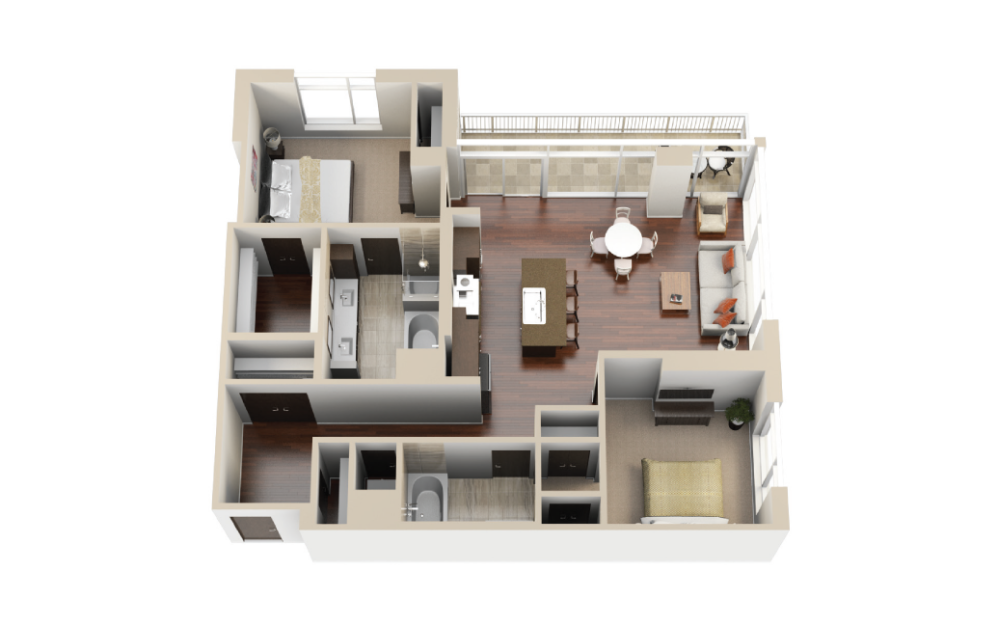 B7 - 2 bedroom floorplan layout with 2 bathrooms and 1344 - 1487 square feet (3D)