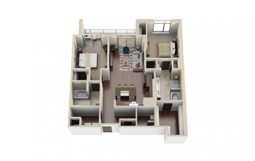 B8 - 2 bedroom floorplan layout with 2.5 baths and 1395 square feet. (3D)
