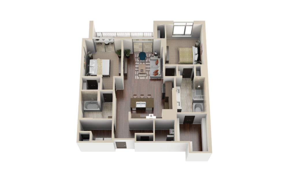 B8 - 2 bedroom floorplan layout with 2.5 bathrooms and 1395 square feet (3D)