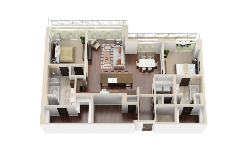 P1 - 2 bedroom floorplan layout with 2.5 bathrooms and 1602 square feet (3D)