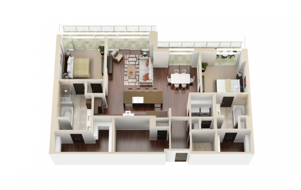 P1 - 2 bedroom floorplan layout with 2.5 baths and 1602 square feet. (3D)