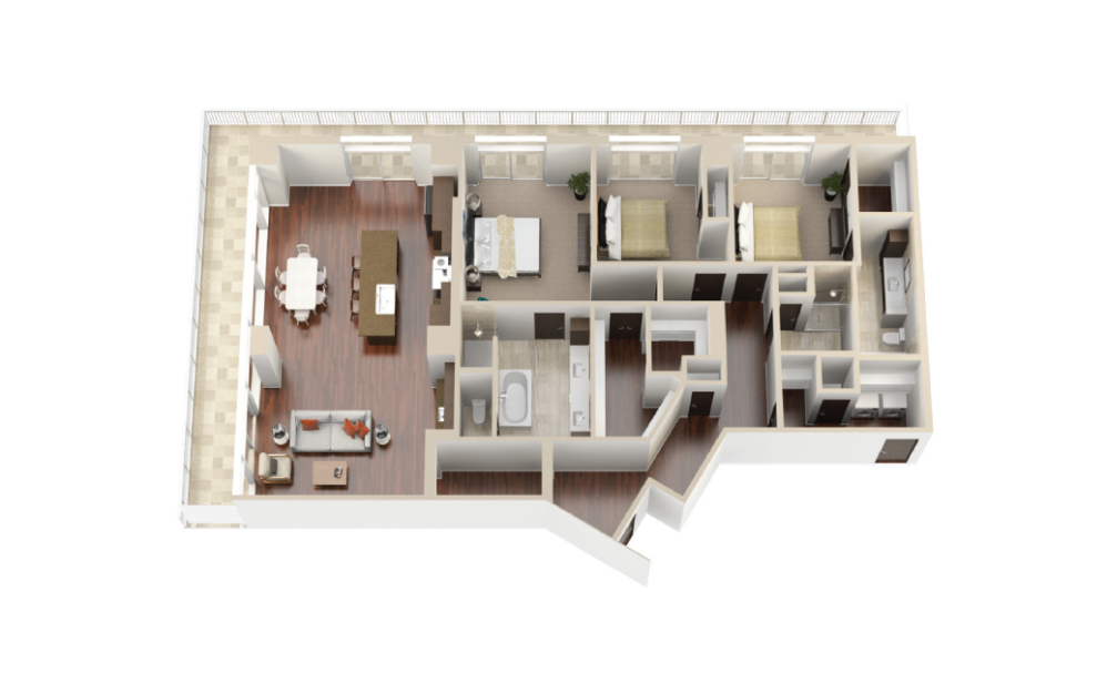 P2 - 3 bedroom floorplan layout with 3 bathrooms and 2111 square feet (3D)