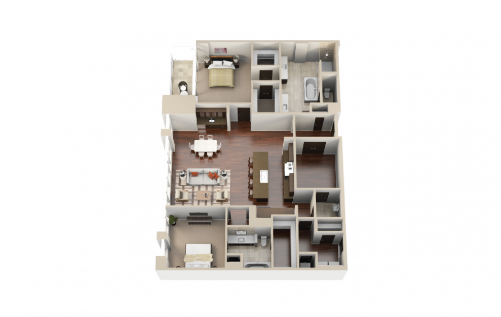 P4 - 2 bedroom floorplan layout with 2.5 baths and 2034 square feet. (3D)