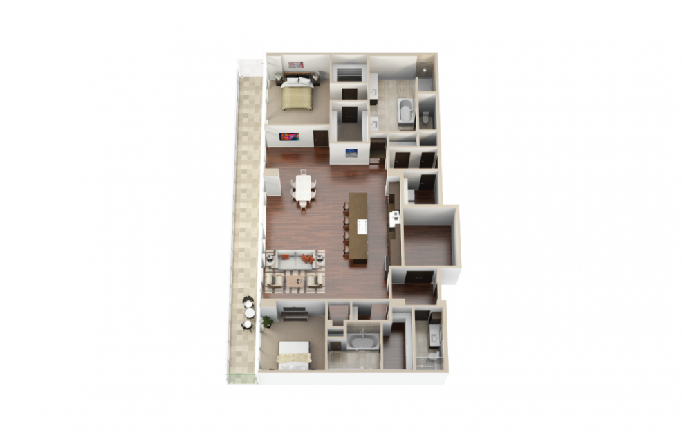 P5 - 2 bedroom floorplan layout with 3 baths and 2191 square feet. (3D)