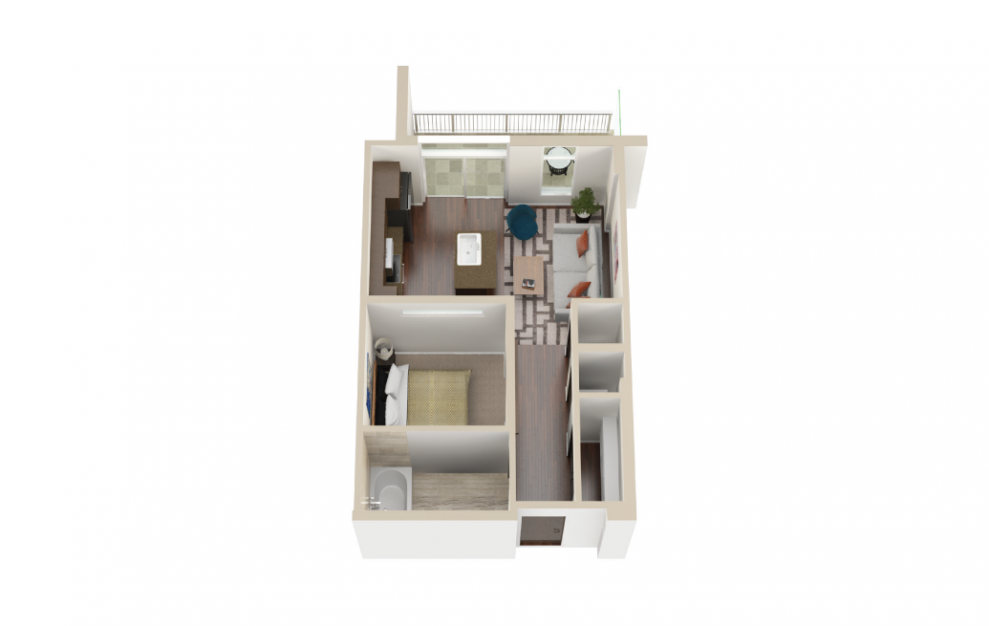 S1 - Studio floorplan layout with 1 bath and 544 to 628 square feet. (3D)