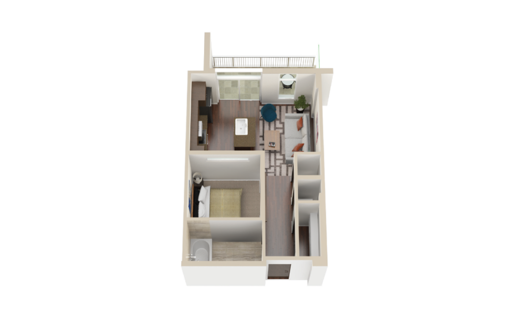 S1 - Studio floorplan layout with 1 bathroom and 544 - 628 square feet (3D)